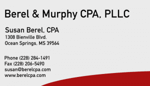 Business card of Berel CPA who is an Ocean Springs CPA, Biloxi CPA & Pascagoula CPA