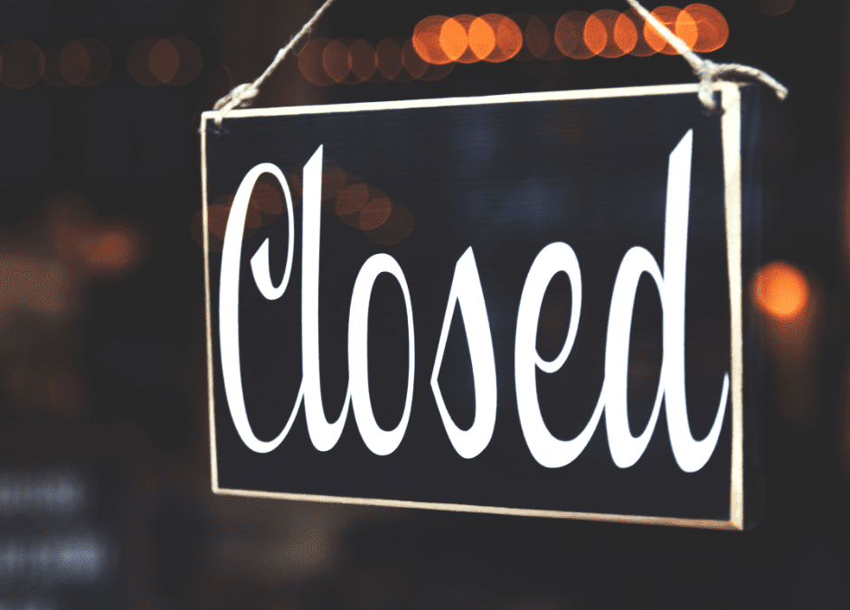 business closing - closed sign on glass door of business